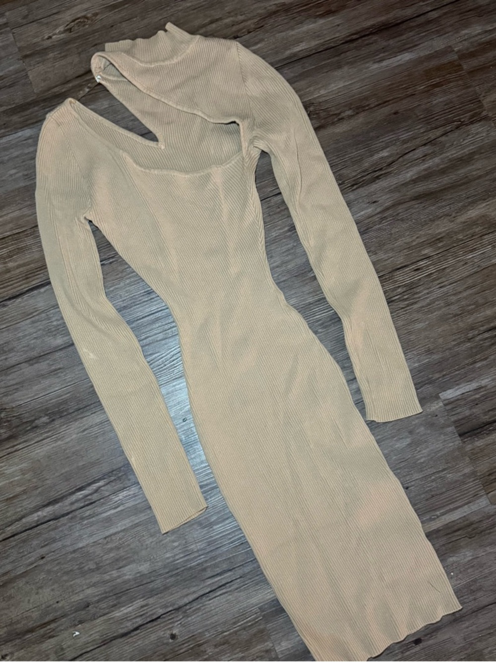 Fashion Nova Ribbed Long Sleeve Bodycon Dress - Cream